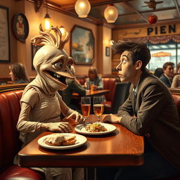 A humorous and surreal scene of a peeled chicken skin character on a blind date, sitting across from a surprised human partner at a cozy restaurant table