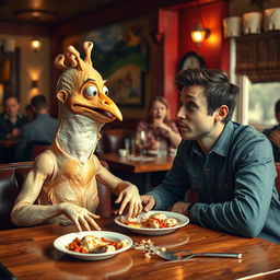 A humorous and surreal scene of a peeled chicken skin character on a blind date, sitting across from a surprised human partner at a cozy restaurant table