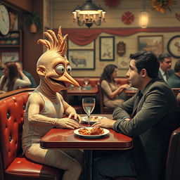 A humorous and surreal scene of a peeled chicken skin character on a blind date, sitting across from a surprised human partner at a cozy restaurant table