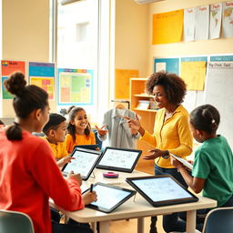A vibrant and engaging classroom setting showcasing an enthusiastic teacher interacting with a diverse group of students, all of whom are deeply engaged in solving math problems on interactive tablets and whiteboards