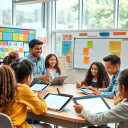 A vibrant and engaging classroom setting showcasing an enthusiastic teacher interacting with a diverse group of students, all of whom are deeply engaged in solving math problems on interactive tablets and whiteboards