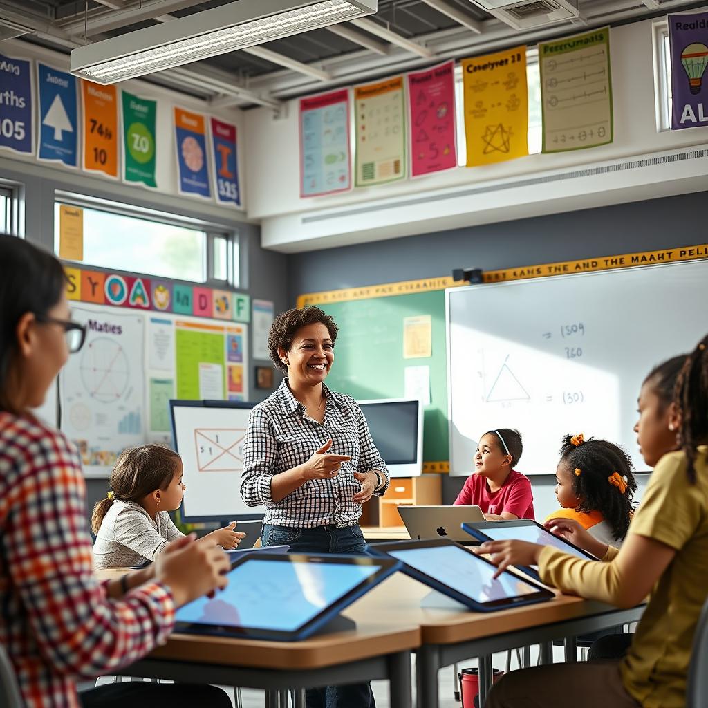 A vibrant and engaging classroom setting showcasing an enthusiastic teacher interacting with a diverse group of students, all of whom are deeply engaged in solving math problems on interactive tablets and whiteboards