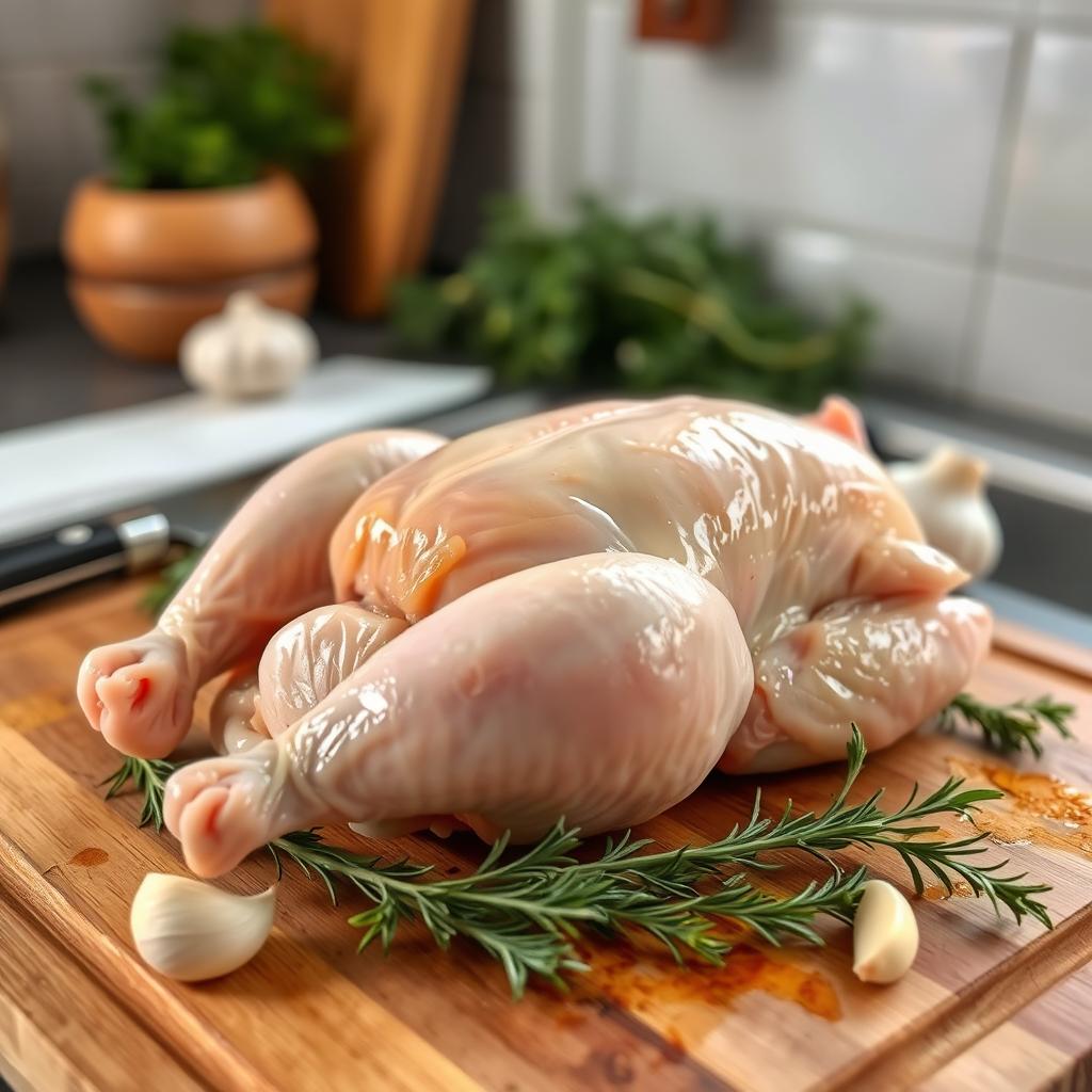 A freshly peeled chicken placed on a wooden cutting board, surrounded by herbs like rosemary and thyme