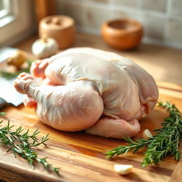 A freshly peeled chicken placed on a wooden cutting board, surrounded by herbs like rosemary and thyme