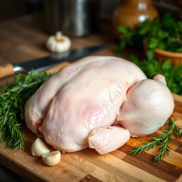 A freshly peeled chicken placed on a wooden cutting board, surrounded by herbs like rosemary and thyme