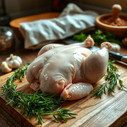 A freshly peeled chicken placed on a wooden cutting board, surrounded by herbs like rosemary and thyme