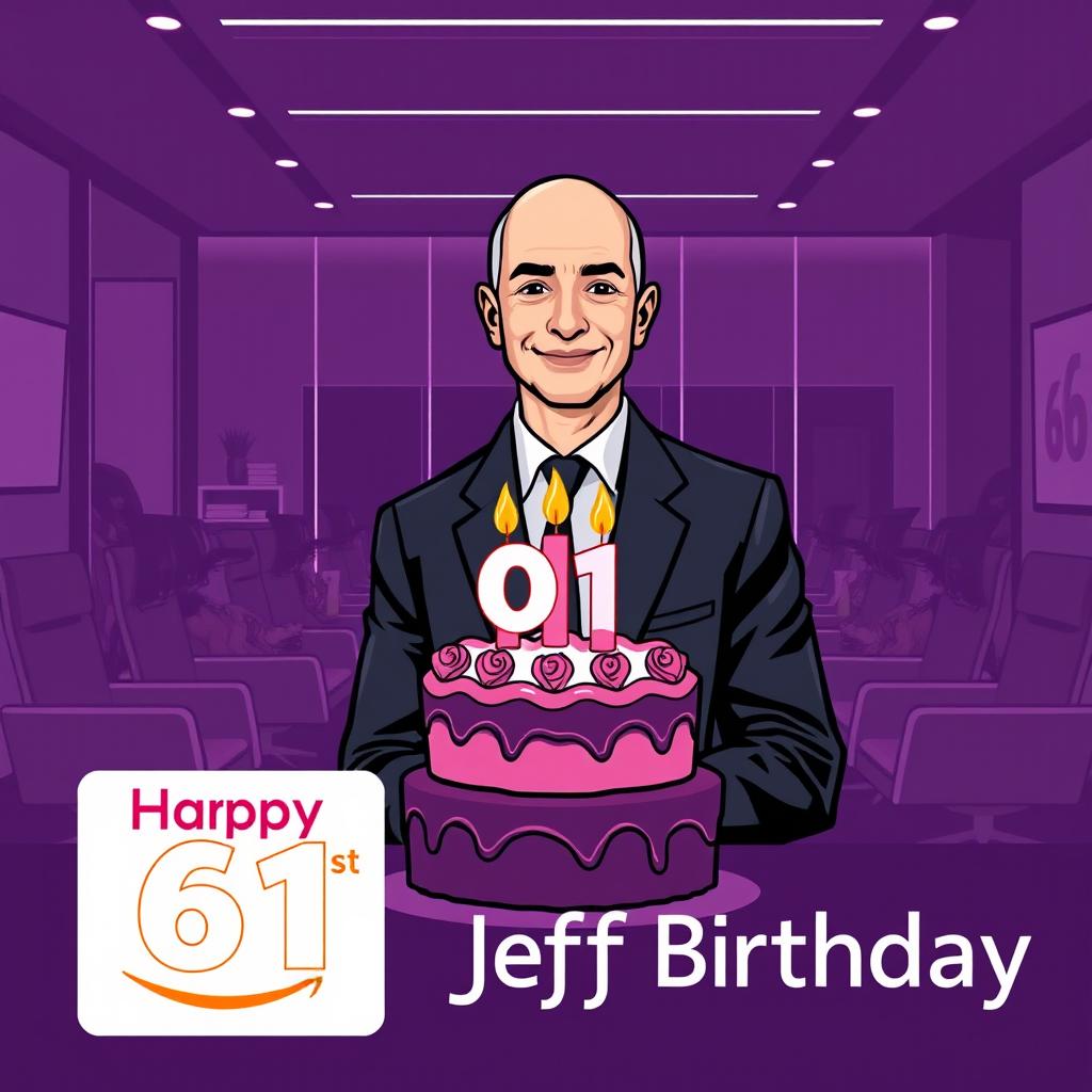 A vector-style illustration of Jeff Bezos celebrating his 61st birthday in a modern office setting