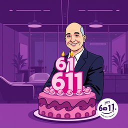A vector-style illustration of Jeff Bezos celebrating his 61st birthday in a modern office setting