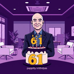 A vector-style illustration of Jeff Bezos celebrating his 61st birthday in a modern office setting