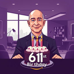 A vector-style illustration of Jeff Bezos celebrating his 61st birthday in a modern office setting
