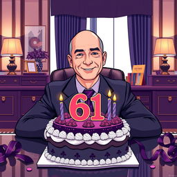 A digital illustration of Jeff Bezos celebrating his 61st birthday in an elegant office setting