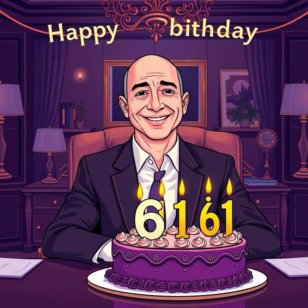 A digital illustration of Jeff Bezos celebrating his 61st birthday in an elegant office setting