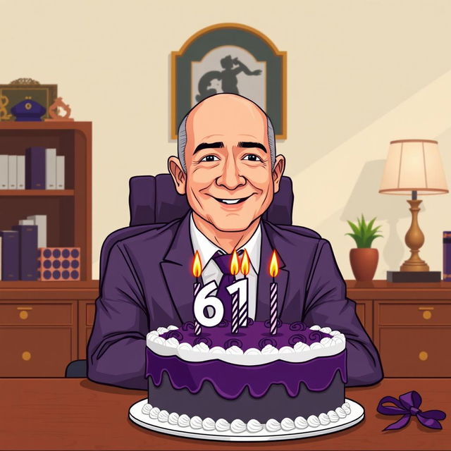A digital illustration of Jeff Bezos celebrating his 61st birthday in an elegant office setting