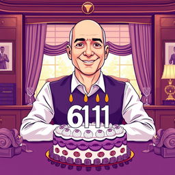 A digital illustration of Jeff Bezos celebrating his 61st birthday in an elegant office setting