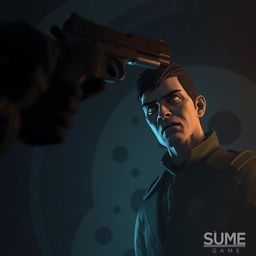 A tense scene highlighting a soldier from the Squid Game universe with a look of fear and determination on his face, a menacing figure with a gun pointed at the soldier's head