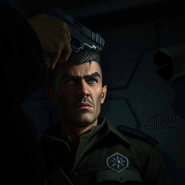 A tense scene highlighting a soldier from the Squid Game universe with a look of fear and determination on his face, a menacing figure with a gun pointed at the soldier's head