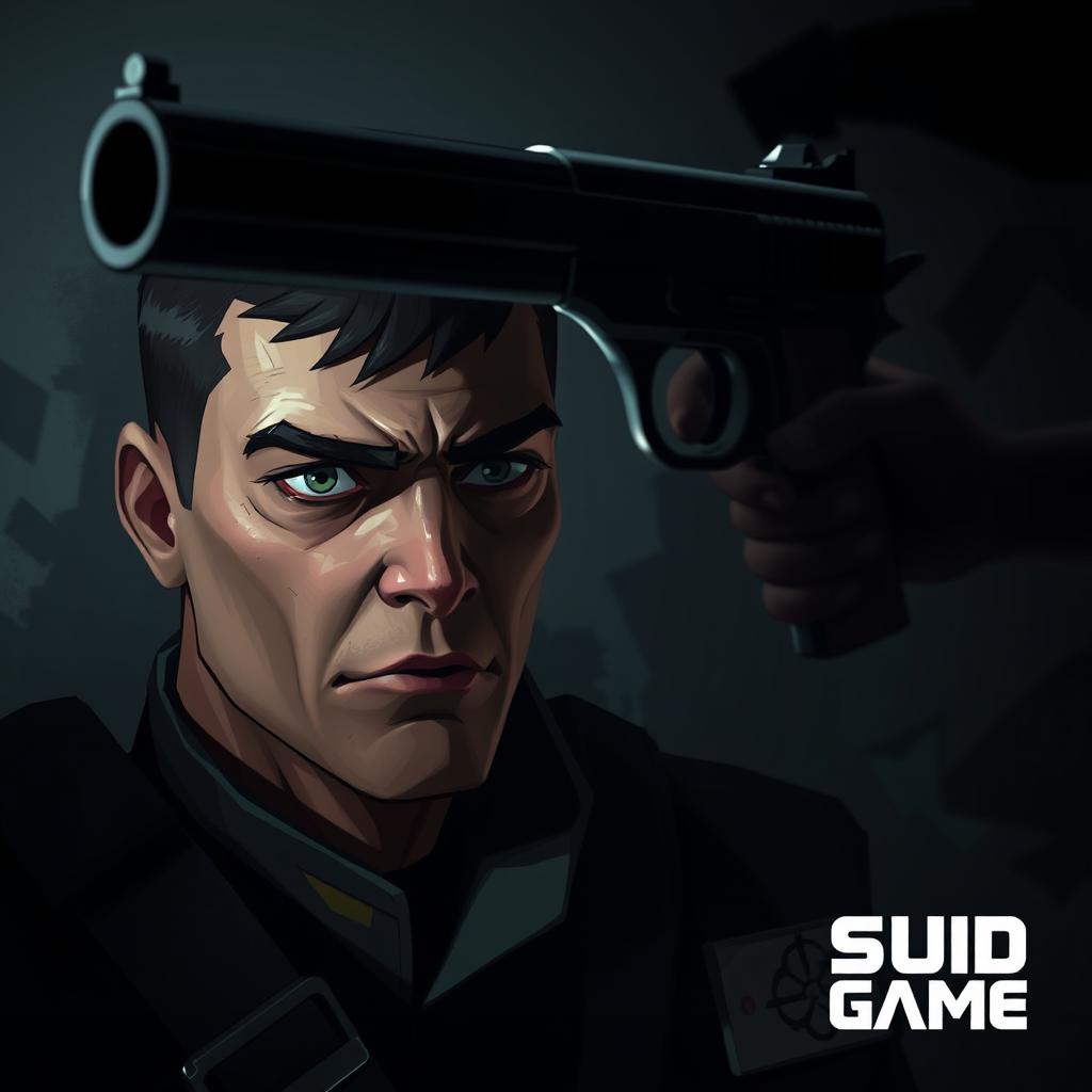 A tense scene highlighting a soldier from the Squid Game universe with a look of fear and determination on his face, a menacing figure with a gun pointed at the soldier's head
