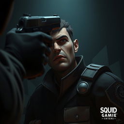 A tense scene highlighting a soldier from the Squid Game universe with a look of fear and determination on his face, a menacing figure with a gun pointed at the soldier's head