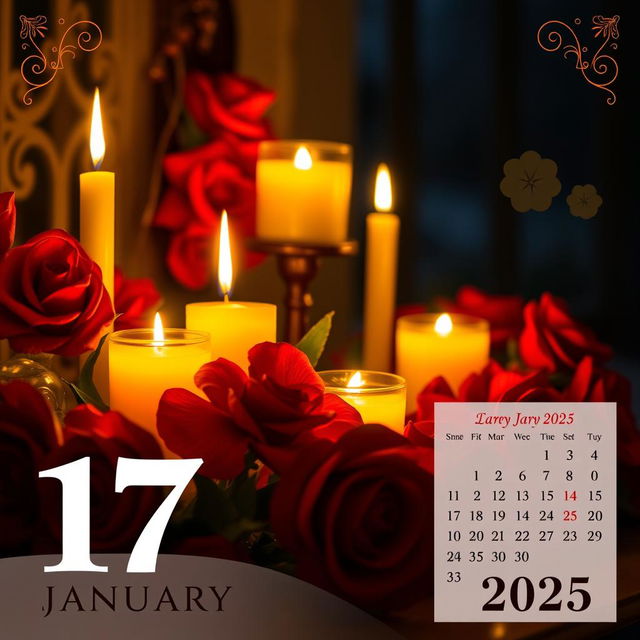 A beautifully designed calendar page for 17 January 2025, featuring a warm, inviting atmosphere at night