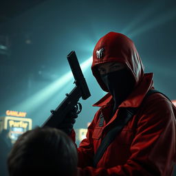 A tense scene inspired by the Squid Game film, depicting a soldier in a striking red jumpsuit and black mask, nervously holding a sleek black gun to a person's head