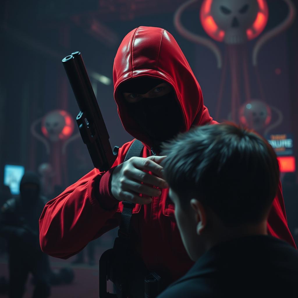 A tense scene inspired by the Squid Game film, depicting a soldier in a striking red jumpsuit and black mask, nervously holding a sleek black gun to a person's head