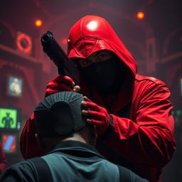 A tense scene inspired by the Squid Game film, depicting a soldier in a striking red jumpsuit and black mask, nervously holding a sleek black gun to a person's head
