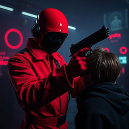 A tense scene inspired by the Squid Game film, depicting a soldier in a striking red jumpsuit and black mask, nervously holding a sleek black gun to a person's head