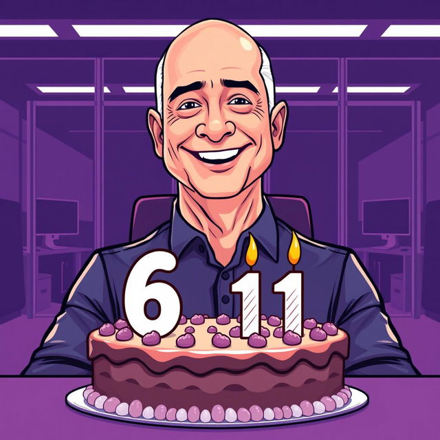 A vector-style illustration of Jeff Bezos celebrating his 61st birthday in a modern office environment