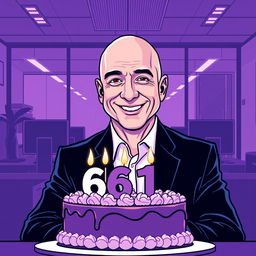 A vector-style illustration of Jeff Bezos celebrating his 61st birthday in a modern office environment