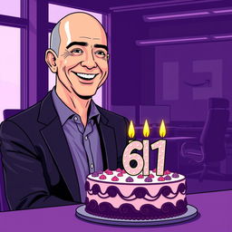 A vector-style illustration of Jeff Bezos celebrating his 61st birthday in a modern office environment