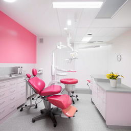 A cheerful dental unit featuring a pink dental chair, gray tiled floor, and the remaining elements, such as the walls, ceiling and cabinetry, in crisp white. The space radiates comfort and professionalism.