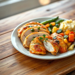 A beautifully plated dish featuring peeled chicken pieces arranged attractively on a wooden table