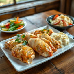 A beautifully plated dish featuring peeled chicken pieces arranged attractively on a wooden table
