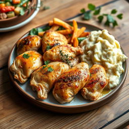A beautifully plated dish featuring peeled chicken pieces arranged attractively on a wooden table