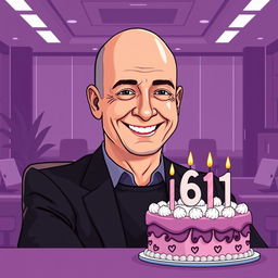 A vector style illustration of Jeff Bezos celebrating his 61st birthday in a modern office setting