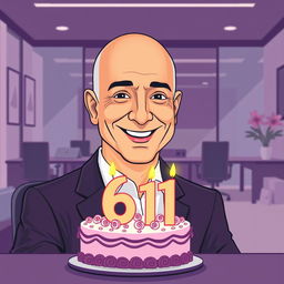 A vector style illustration of Jeff Bezos celebrating his 61st birthday in a modern office setting