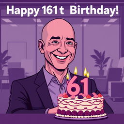 A vector style illustration of Jeff Bezos celebrating his 61st birthday in a modern office setting