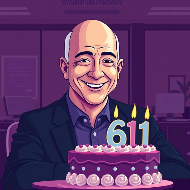 A vector style illustration of Jeff Bezos celebrating his 61st birthday in a modern office setting
