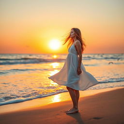 A beautiful woman standing at the edge of a tranquil beach during sunset, the sun casting a warm golden glow across the sky and water