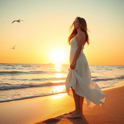 A beautiful woman standing at the edge of a tranquil beach during sunset, the sun casting a warm golden glow across the sky and water