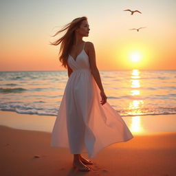 A beautiful woman standing at the edge of a tranquil beach during sunset, the sun casting a warm golden glow across the sky and water