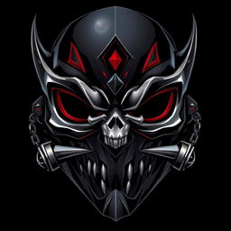 A dark, mysterious mask illustrated in deep black or dark gray hues, with hints of red and silver accents for a shiny, ominous effect