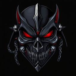 A dark, mysterious mask illustrated in deep black or dark gray hues, with hints of red and silver accents for a shiny, ominous effect