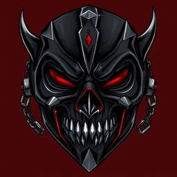 A dark, mysterious mask illustrated in deep black or dark gray hues, with hints of red and silver accents for a shiny, ominous effect