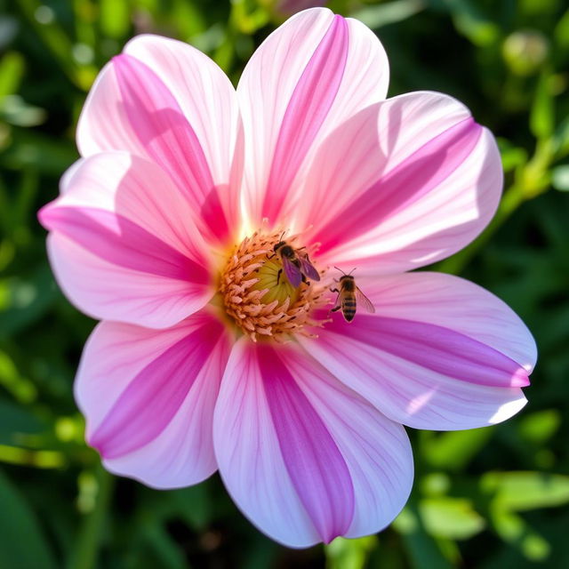 A close-up view of a beautiful, delicate flower, showcasing intricate petal designs with soft gradients of pink and white, set against a lush green background