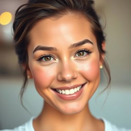 A close-up portrait of a person with an attractive and charming appearance, highlighting soft, glowing skin, bright and captivating eyes, and a warm, inviting smile