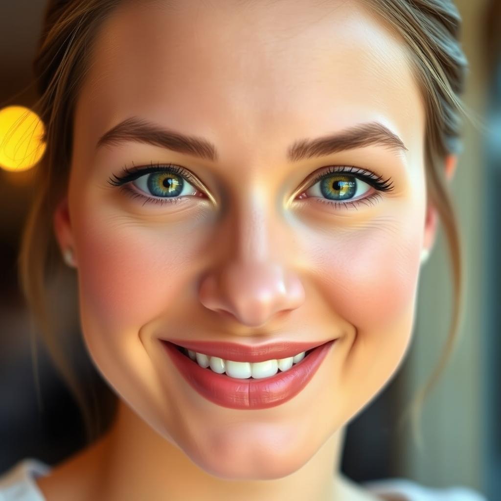 A close-up portrait of a person with an attractive and charming appearance, highlighting soft, glowing skin, bright and captivating eyes, and a warm, inviting smile