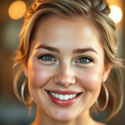 A close-up portrait of a person with an attractive and charming appearance, highlighting soft, glowing skin, bright and captivating eyes, and a warm, inviting smile