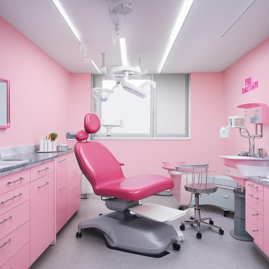 A cheerful dental unit featuring a pink dental chair, gray tiled floor, and the remaining elements, such as the walls, ceiling and cabinetry, in crisp white. The space radiates comfort and professionalism.