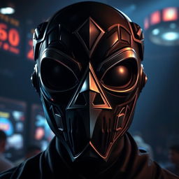 A detailed mask inspired by the Squid Game leader's mask, featuring a sleek black design with geometric patterns and a prominent triangular symbol in a shiny metallic finish